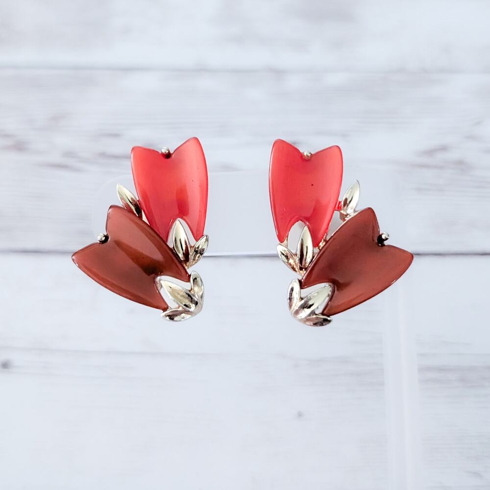 Vintage Lisner Clip On Earrings Stylish Large Orange & Gold Tone Statement